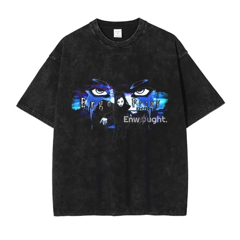 Ergo Proxy T-Shirt Anime Mayer Re-l Übergroß Vintage Gewaschene T-Shirts Streetwear Retro Manga DTG Druck Oberteile T-Shirts Herren Baumwolle