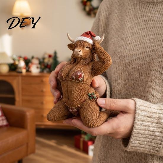 Festive Interior Decor Funny Christmas Highland Cow Figurine, Sexy Statue with Santa Hat Small Xmas Desk & Bikini, Creative Desktop Tabletop Ornament