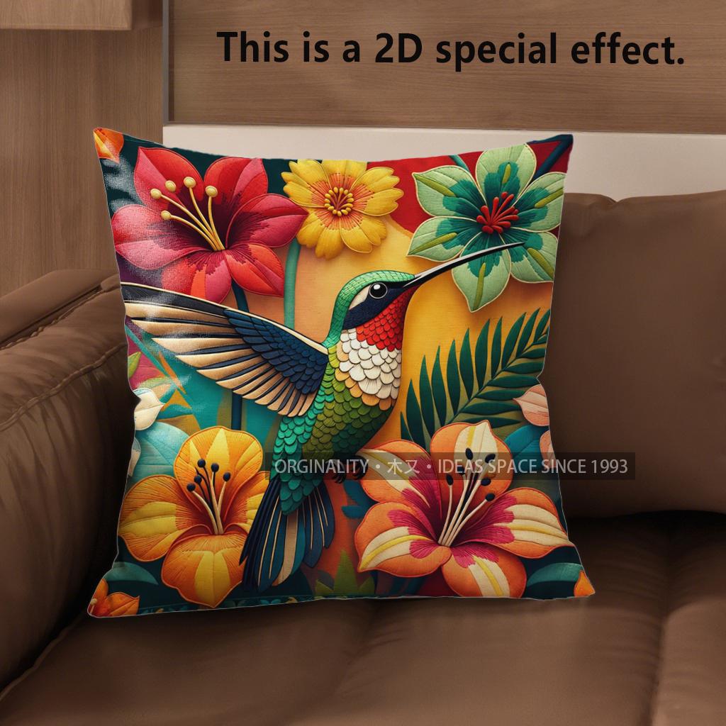2D Boho Tropical Hummingbird Floral Throw Pillow Covers Pattern Cushion Cover Suitable For Sofa Bedroom Car Pillow Cover