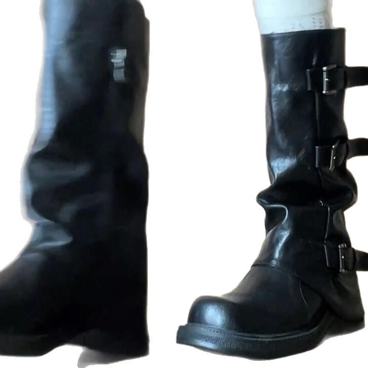 Verze z hovězí kůže~ dámské nové podzimní a zimní boty na platformě se zvýšenou vnitřní výškou, boty s trubkovou holení střední délky, dlouhé jezdecké boty
