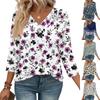Women's Print Top Button-down V-neck T-shirt 3/4 Sleeve Loose Fashion Top