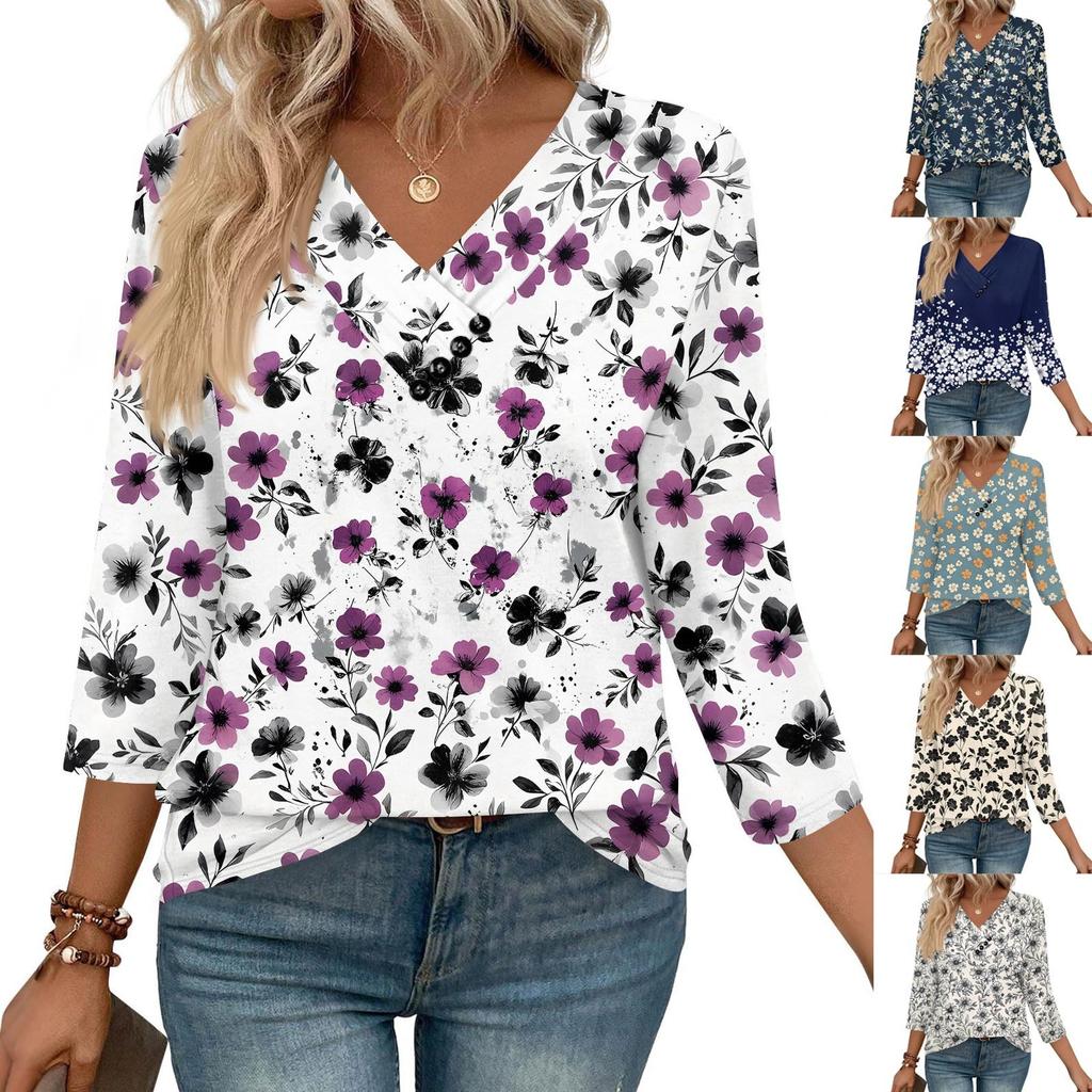 Women's Print Top Button-down V-neck T-shirt 3/4 Sleeve Loose Fashion Top