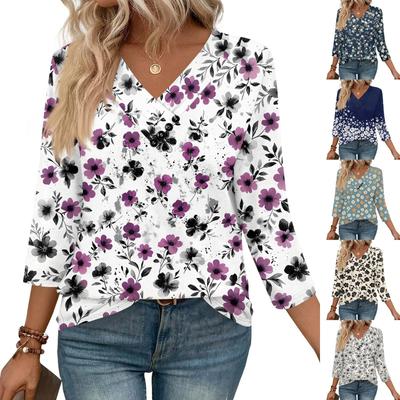 Damen Print Top Knöpfe V-Ausschnitt T-Shirt 3/4 Ärmel Locker Mode Top