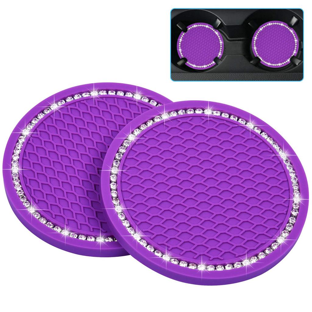 Wisdompro Car Non-Slip Coasters, Sparkly Car Drink Holder Mats, Vinyl, Anti-Slip, Anti-Vibration, Round, 70mm Diameter, Pack of 2, Purple