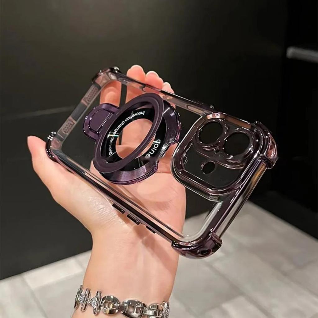Suitable for Apple 16promax Stand, Phone Case, Electroplated Four-corner Magnetic Stand, Transparent IPhone15 Protective Case
