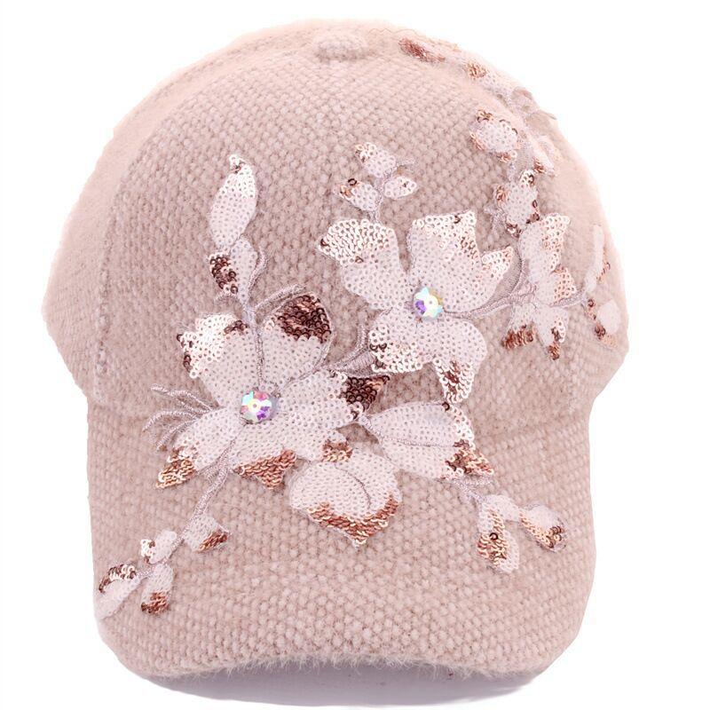 Women'S Winter Warm Fashion Duckbill Cap, Polyester Plush Baseball Hat, with Floral Rhinestone Embellishment, Non-Washable, Inelastic, Featherless