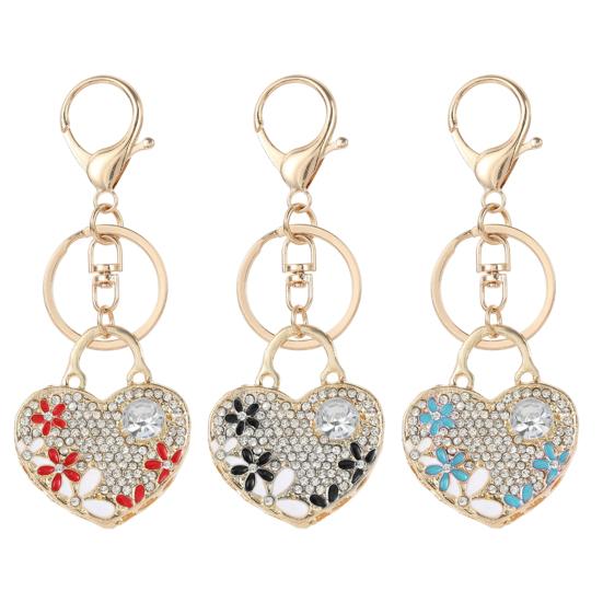Keychain Pendant Heart Shape Charm Key Holder with Enamel Flower Design Lightweight Anti-Oxidation Durable Lobster Clasp Keyring
