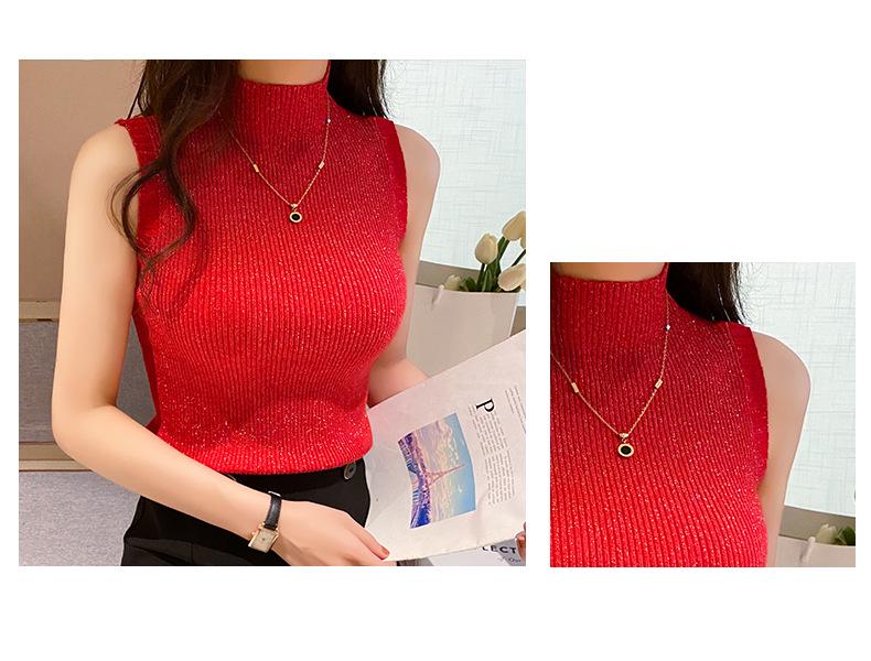 Stylish Shiny Silk Half-High Collar Sleeveless Slim Fit Top