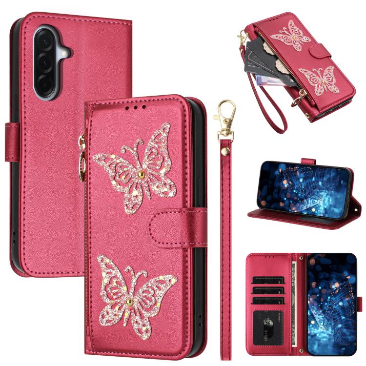 Glitzer Schmetterling Reißverschluss Veganes Leder Handyhülle Für Galaxy A07 4G / A06 5G / A06 4G, Kartenhalter Handgelenkschlaufe Stoßfeste Hülle