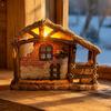 Christmas Nativity Scene Decor Manger House Ornament with Warm Lights, Retro Resin Stable Decorative Figures Figurine, Rustic Religious Display Props