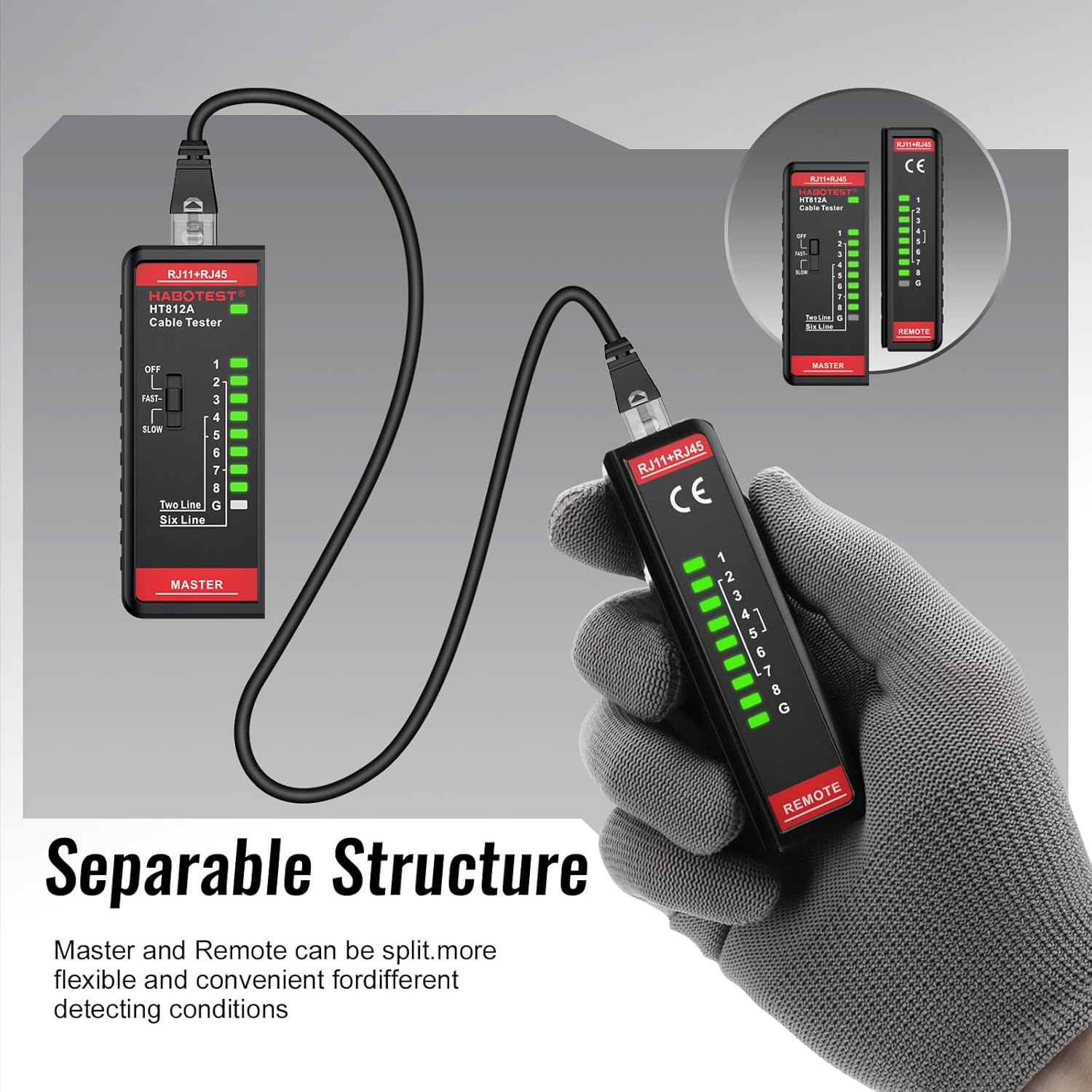 Network Cable Tester, HABOTEST HT812A with RJ45 RJ11 Port, Ethernet Cable Tester Tool,Speaker, Coax, Video, and Data Fast/Slow Gear, 60V Cable