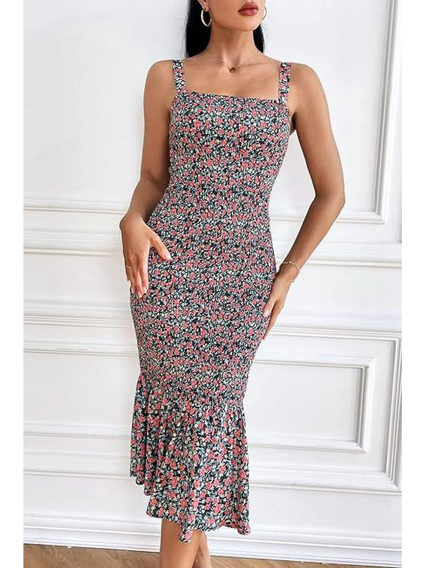 

Трендовое платье миди без рукавов с завязками, оборкой по низу и сборками, облегающее фигуру Large