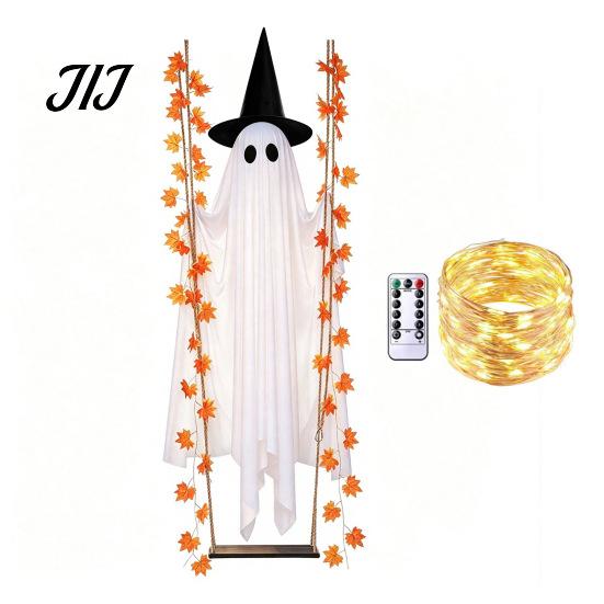 Hängendes Gespenst mit Lichtern Schaukel Halloween-Dekoration Ahornblatt, Leuchtendes Ornament Gartenatmosphäre Höhenverstellbare Schaukel, Timer, Fernbedienung für Vorne