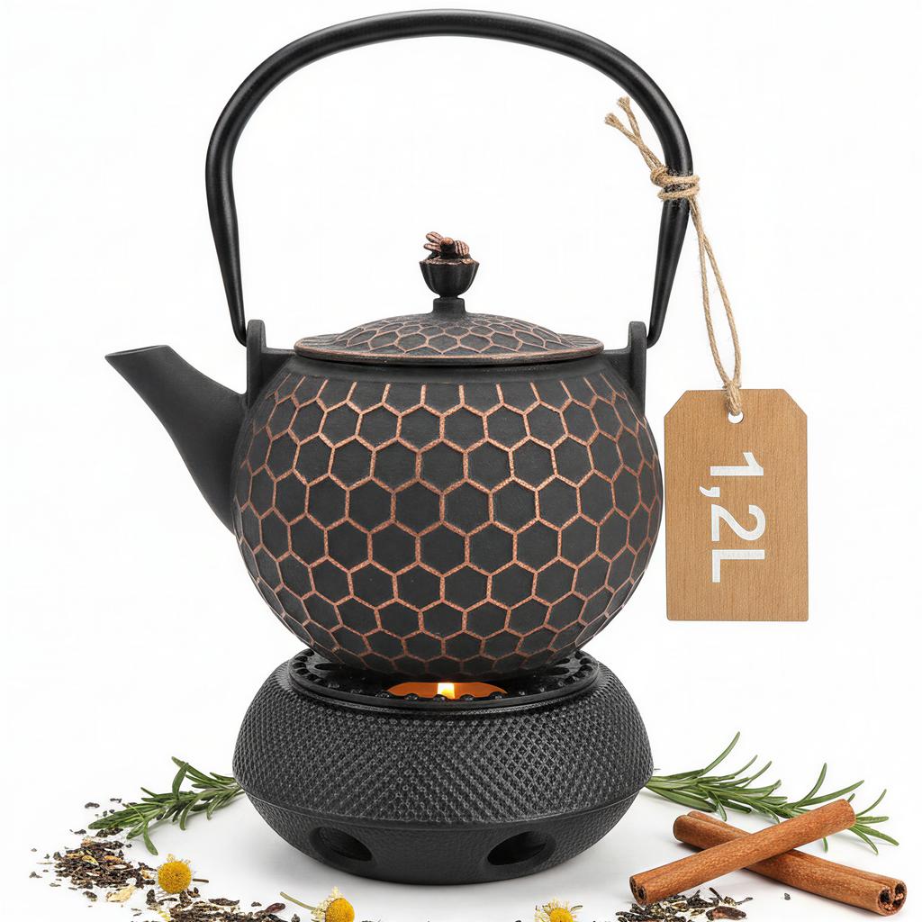 Chaleira de Ferro Fundido 1.2L Infusor de Chá e Ervas Aquecedor de Ferro Fundido