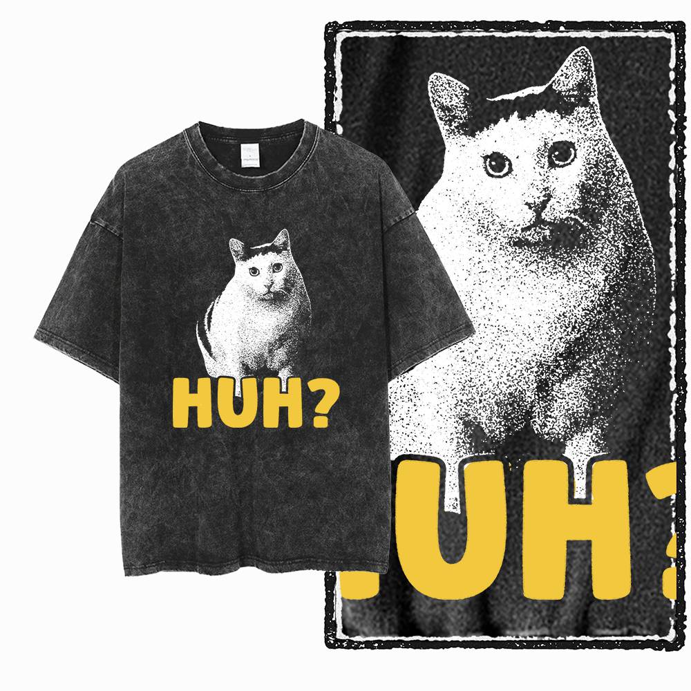Huh Katze Meme Verwirrte Katze Grafikdruck Gewaschen Verwaschen Große Größe Baumwolle Unisex Humor T-Shirt G