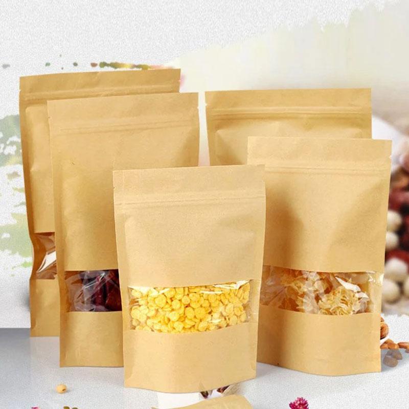100pcs Kraft Paper Self-supporting Bag Window Visual Thick Food Self Sealing Bag Moisture-proof Snacks Candy Seal Storage Bag