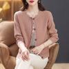 Spring and Autumn Clothing Mom Clothing Fashion Temperament Lace Contrast Color Crew Neck Knitted Cardigan Sweater Women