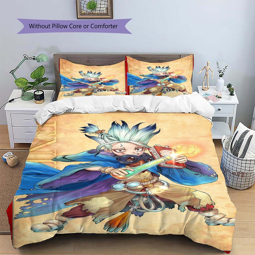 Dr STONE Pattern Bedding,Quilt Set Quilt Cover Pillowcase Home Birthday Gift (1 * Duvet Cover + 2 * Pillowcase, Without Core)