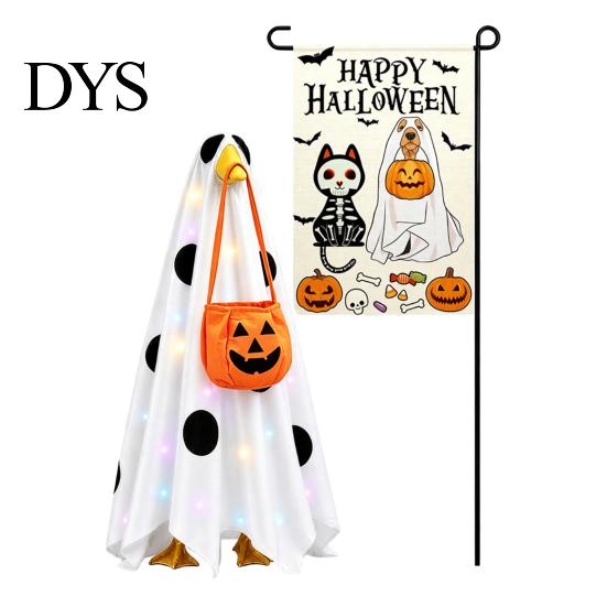 Spooky Cute Seasonal Decor Halloween Lighted Ghost Porch Goose Outfit And Flag Set for 23 Inch Statue, Clothes with Pumpkin Bucket Outdoor Patio Yard