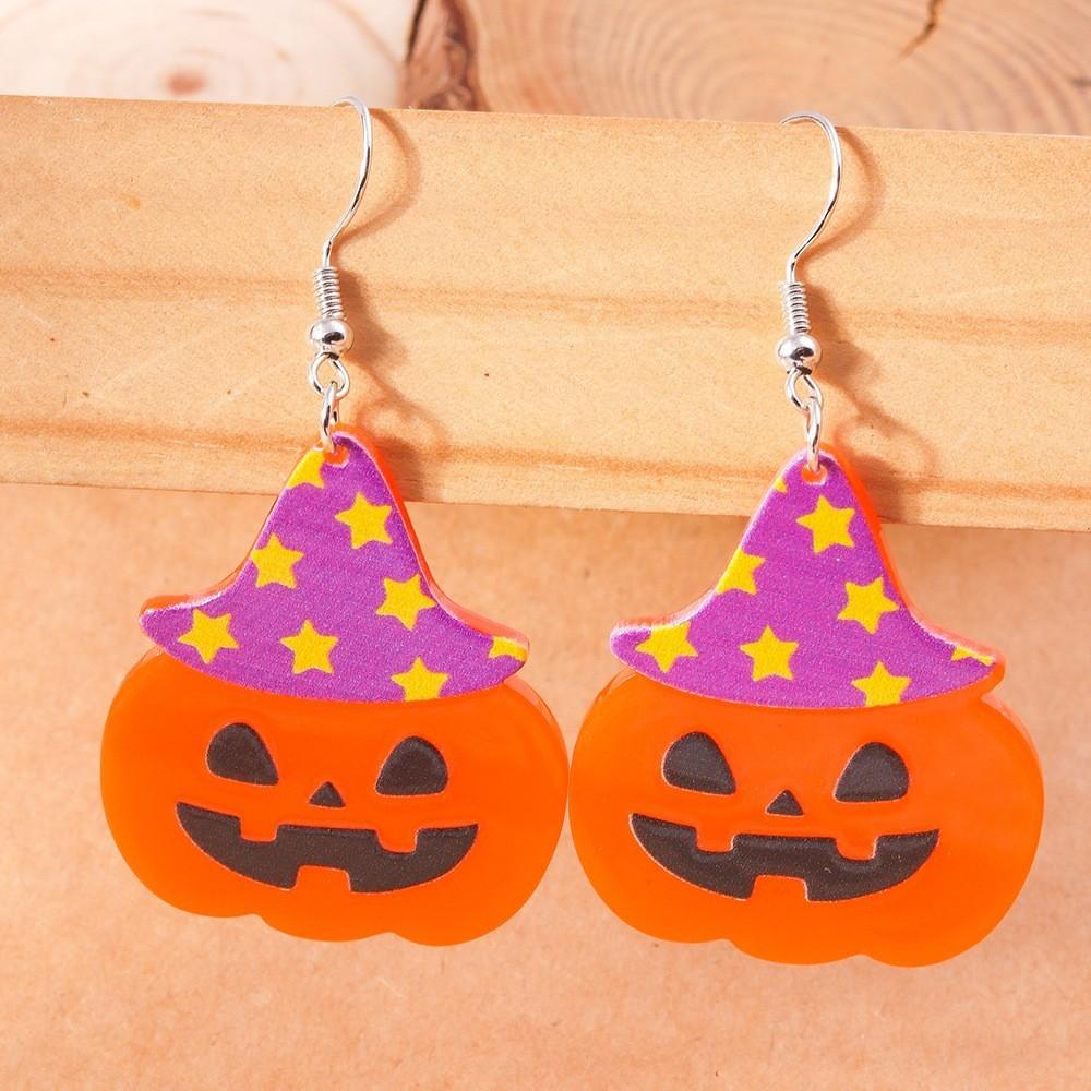 

Halloween Themed Hat Pumpkin Pattern Women Acrylic Earring For Unisex Fashion Accessories Purple Hat