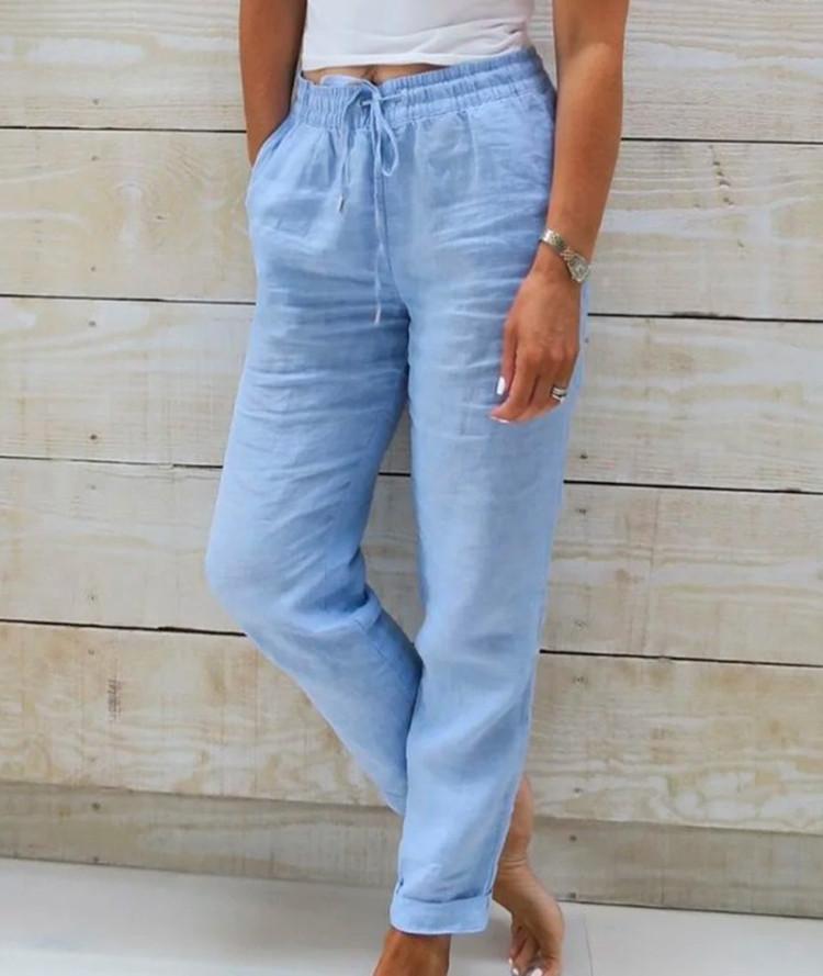 Women's Drawstring Waist Casual Pants Loose Fit Trousers Solid Color Cotton Linen Ankle Pants For Daily Leisure Wear