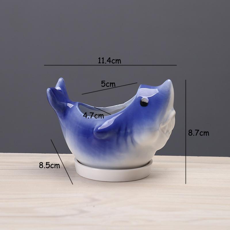 Creative Shark Ceramic Succulent Planter with Tray - Unique Animal Shape Flower Pot for Cactus/Bonsai/Indoor Plants - H