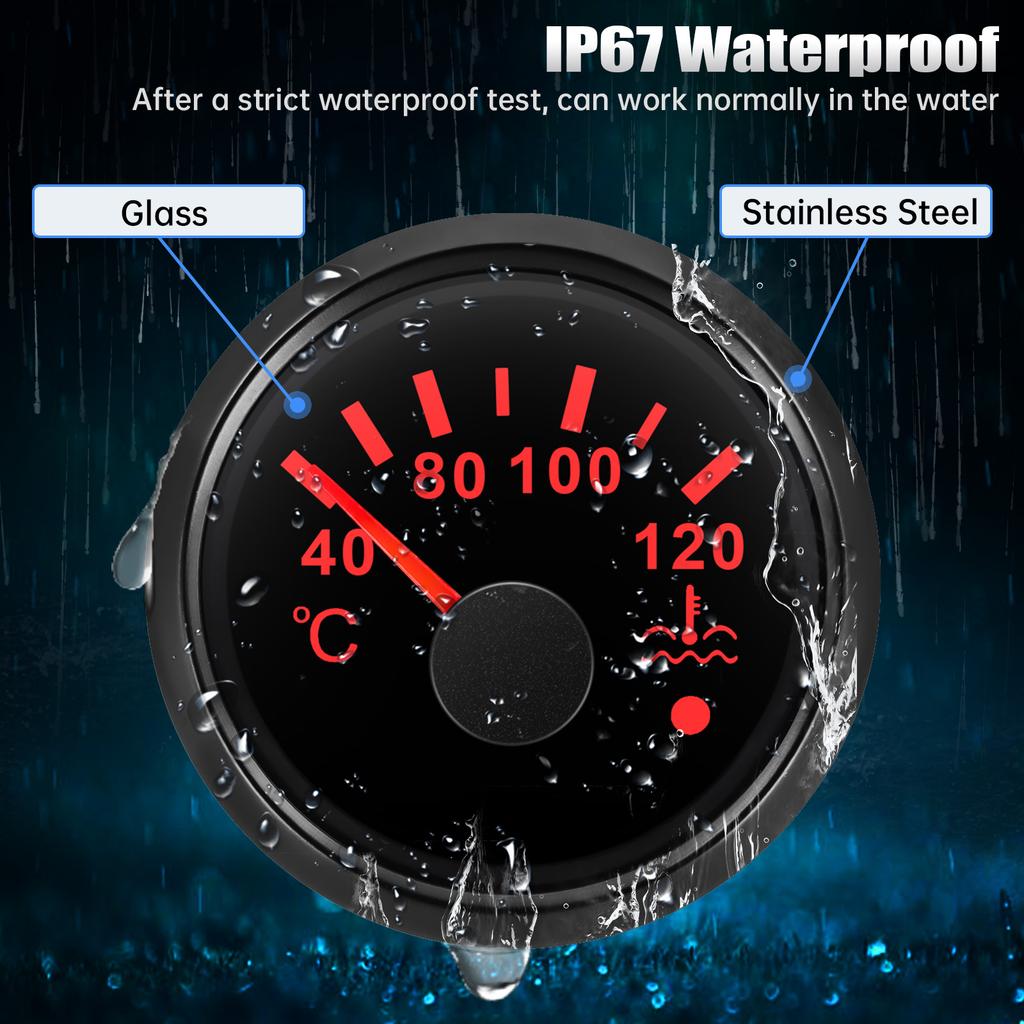 HD 52mm Universal Car Boat Water Temperature Gauge With Coolant Temperature Sensors Temp Meter Red Backlight With Alarm 12V/24V