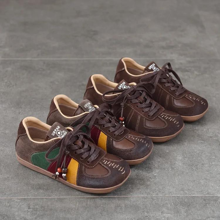 Johnature Flat Lace Up Women's Shoes Genuine Leather Retro Mixed Colors Versatile All Season Shoes