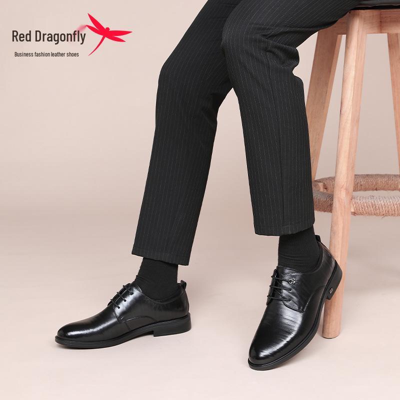 Red Dragonfly Men's Genuine Leather Business Formal Shoes - Comfortable Autumn/Winter Wedding Cowhide Shoes