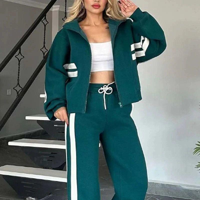 Autumn Winter Two-piece Set Women's Zipper Striped Loose Jacket Outwear and High Waist Side-striped Pants Sports Sets