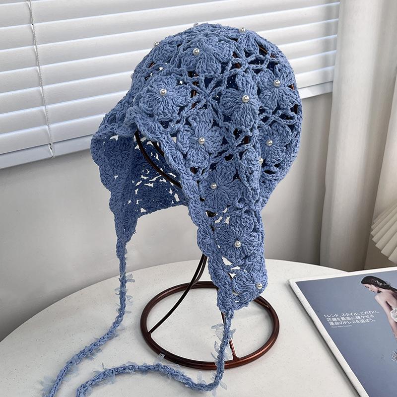 New handmade hollow knitted wool hat women's spring and autumn thin breathable face small ethnic style fringed pullover hat