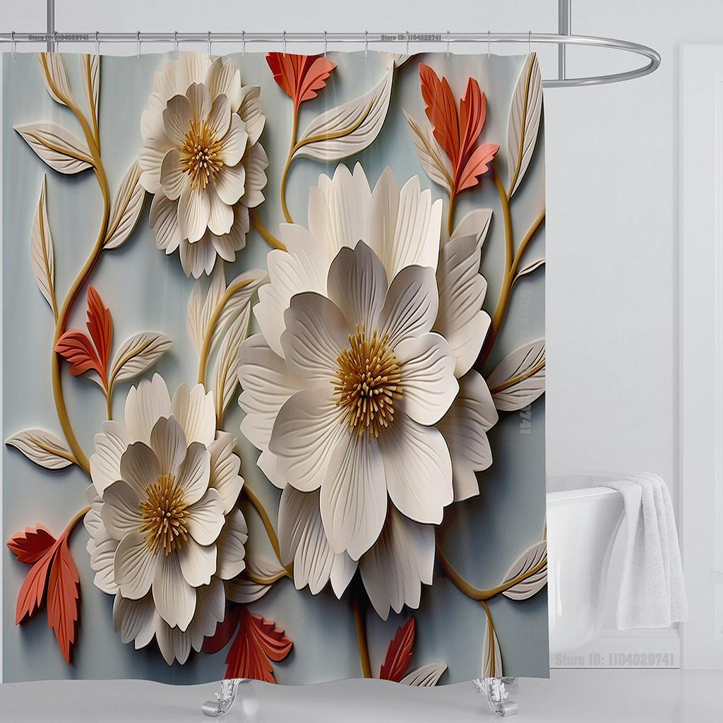 3D Stereo Beautiful Flower Printing Bathroom Curtain Waterproof Polyester Shower Curtain Home Decoration Curtain with Hooks