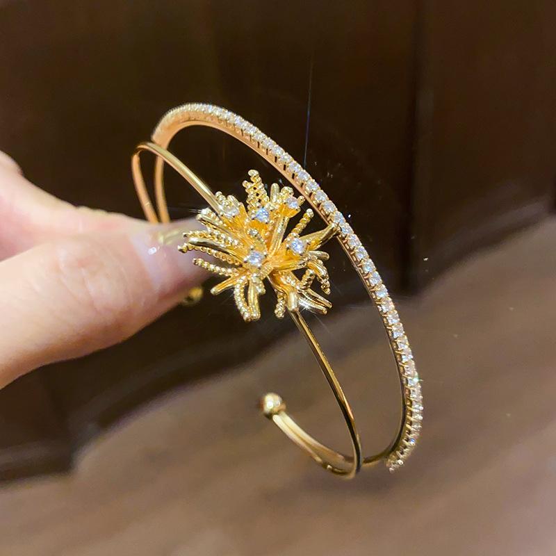 Двухслойный открытый браслет-бэнгл с цветами из циркона – Элегантный, Универсальный Браслет в стиле Light Luxury