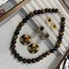 Maillard Spring And Autumn Niche Retro 12Mm Natural Tiger'S Eye Stone Oval Retro Niche Versatile Necklace Stud Earrings For Women