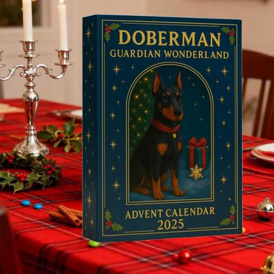 Doberman Guardian Wonderland Advent Calendar 2025 24-Day Countdown Box Acrylic Mini Dog Themed Ornaments Holiday Decoration Gift for Dog Lovers