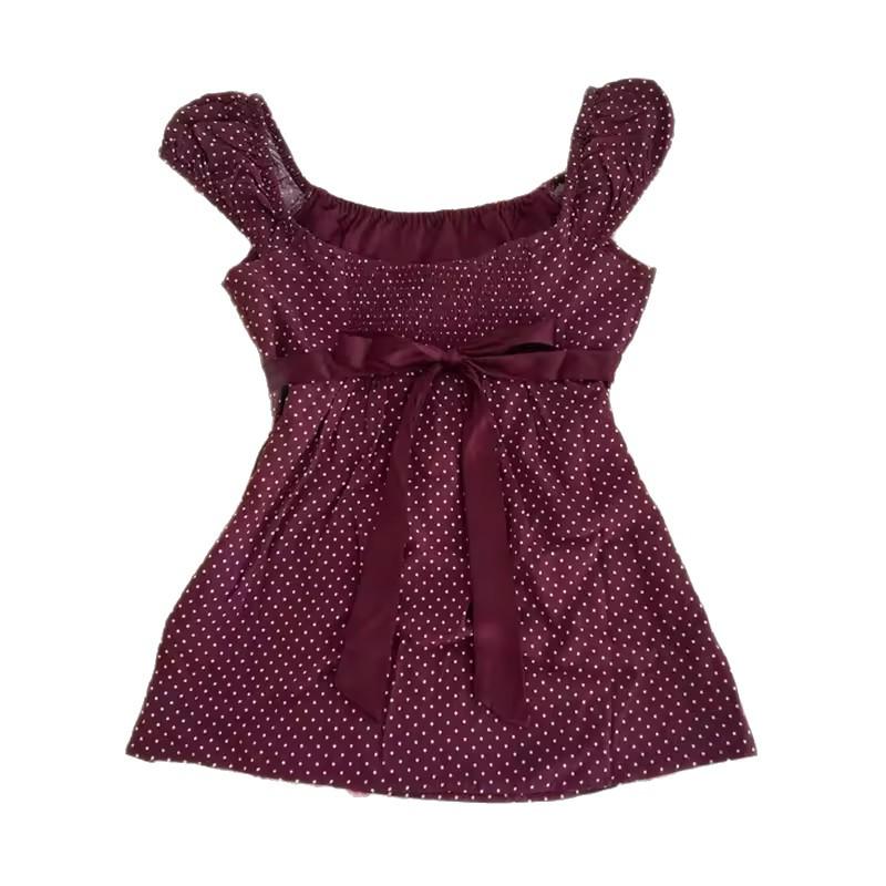 European Harajuku Style Slim-Fit Puff Sleeve Polka Dot Bow Tie T-Shirt