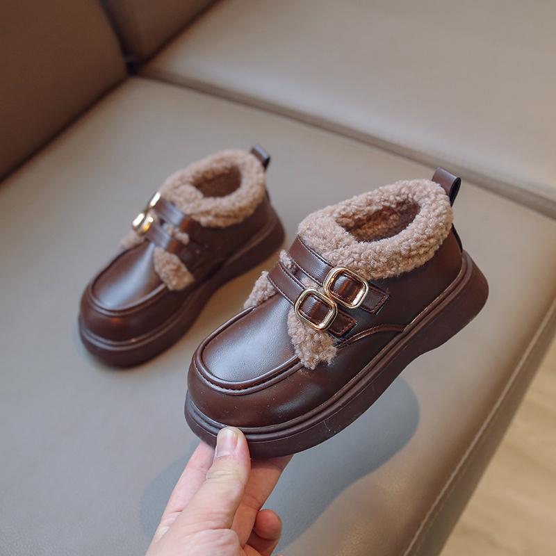 Children Leather Shoes Winter British Thick Soled Girls Shoes Plush Casual Warm Thicken Cotton Shoes