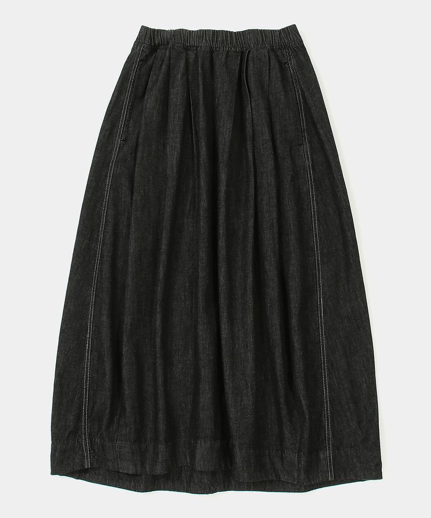 Columbia University All-Round Pleats Denim Long Skirts Black Denim