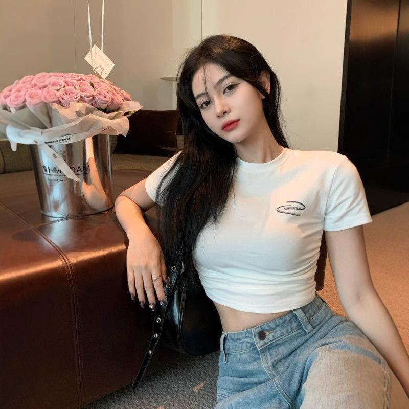 Summer new ins niche short-sleeved front shoulder T-shirt female hottie pure desire slim and thin short top female s [recommended within 45kg ]