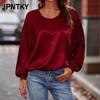 JPNTKY Women's Fashion Casual Solid Color Print Long Sleeve O-Neck Blouses & Shirts