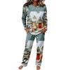 Women's Casual Pajama Set with Round Neck Long Sleeve and Wide Leg Pants for Sleep