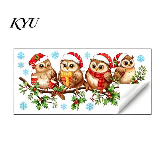 PVC Window Decorations 1/2 Sheets Christmas Cartoon Owl Cling, Standing on Branch Bird Holiday Glass Decals Static Sticker, Removable Waterproof
