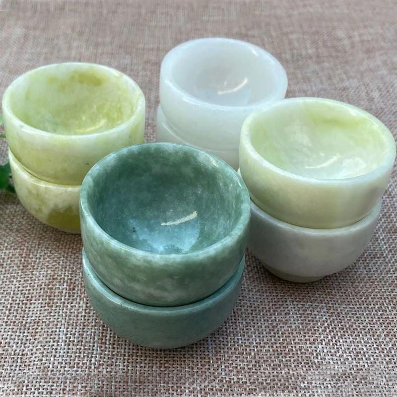 1pc Natural Jade Bowl Jadeite Stone Cup White Marble Small Wine Glass Hibiscus Stone Small Ornaments Home Decoration Gift