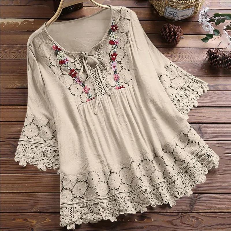 Sommerbluse Damen V-Ausschnitt Spitze Hemd Bluse Elegante Damenmode Lässig Dame Locker Leinenhemden