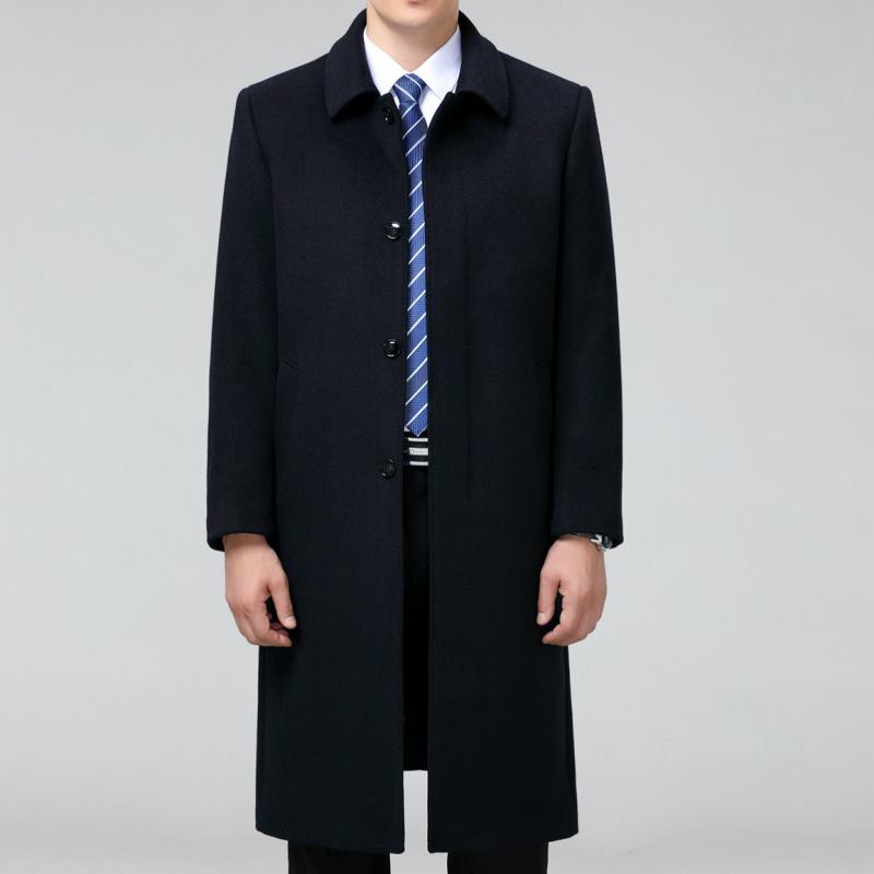 Men's Long Cashmere Coat, Below-Knee, Autumn-Winter Thick Wool Trench for Middle-Aged and Elderly.
