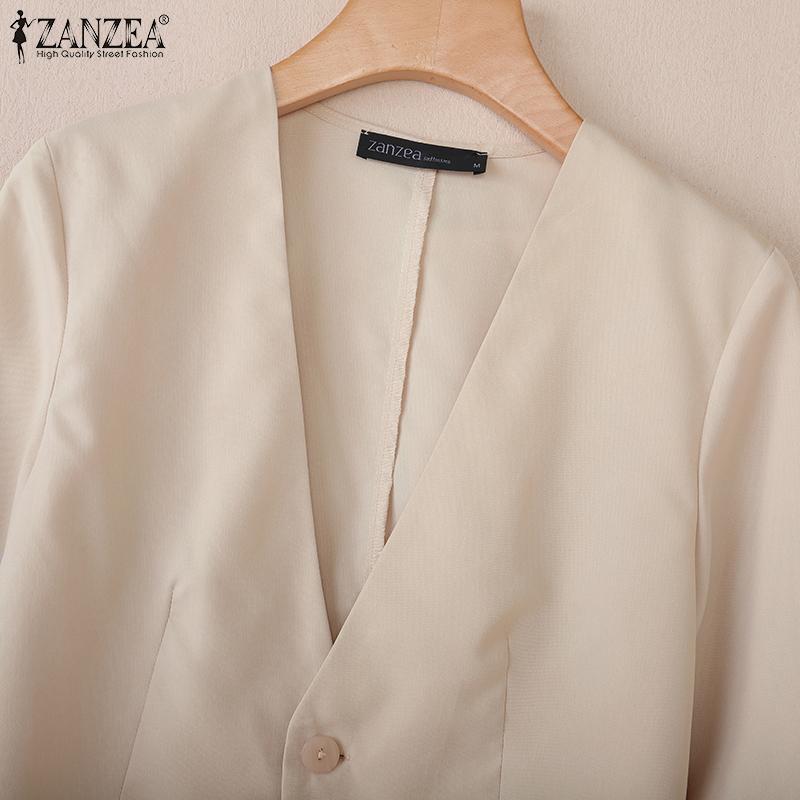 ZANZEA Women Casual V-Neck Loose 3/4 Sleeve Plain Blouse