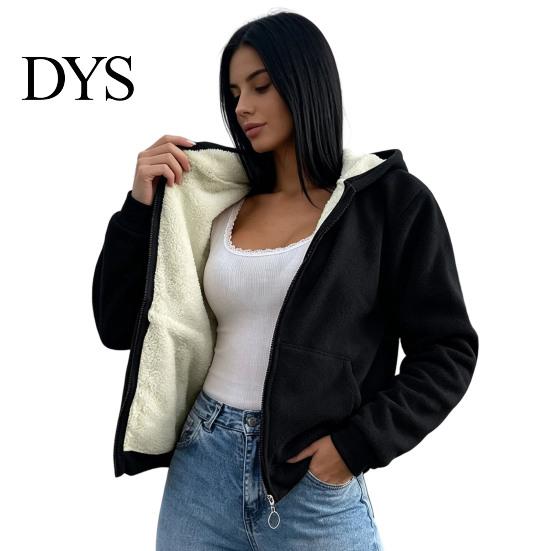 Casual Hooded Coat Women Fleece Jacket with Pockets, Fall Winter Zip-Up Pockets Coat, Loose Fit Warm Thickened Outerwear for Lady