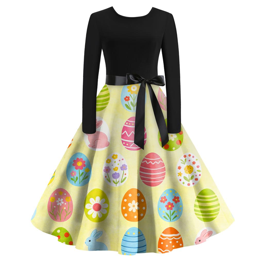 Rochie Retro cu Imprimeu de Crăciun, Casual, de Modă pentru Femei, cu Gât Rotund, Mâneci Lungi