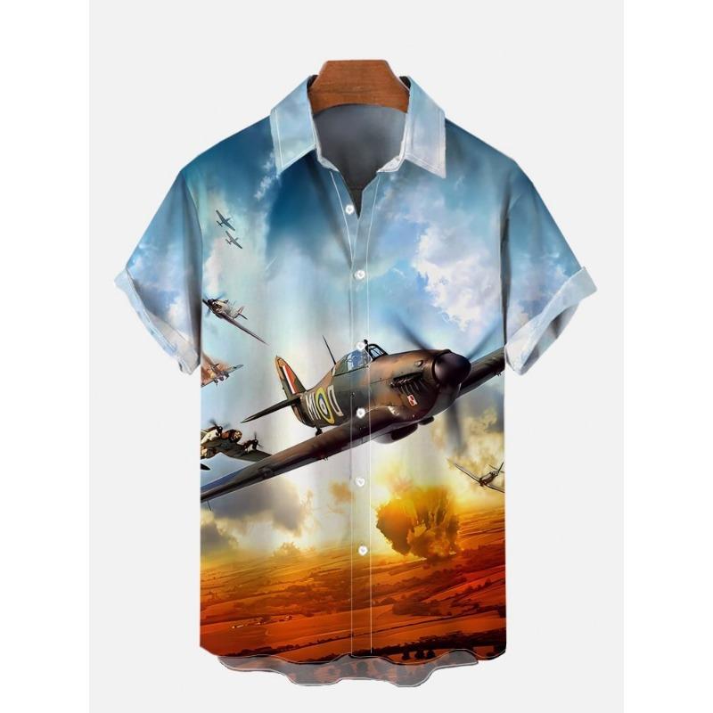 Hawaiian Colorful Sci-Fi Space War Elements Printing Breast Pocket Short Sleeve Shirt  Loose Versatile Casual Sports Summer Men