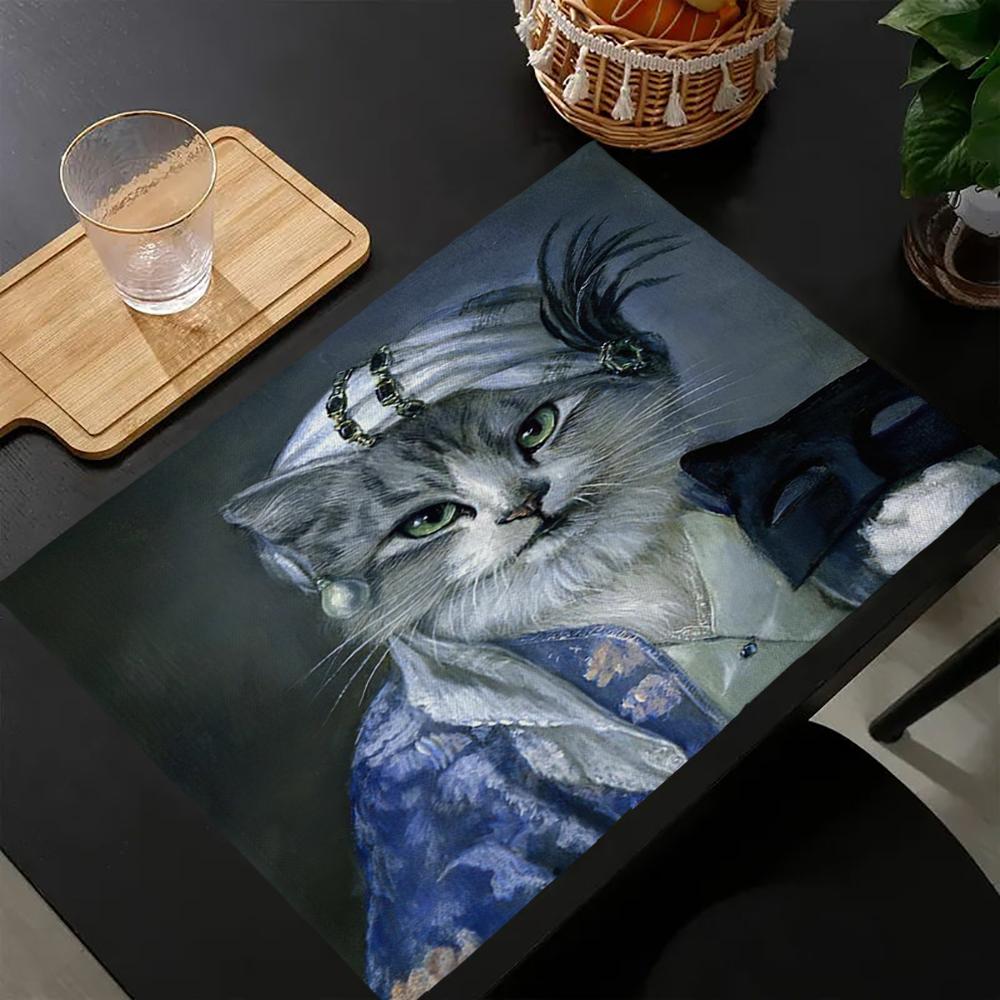 Cute Animal Cat Print Linen Dining Table Mats Kitchen Placemat 30X40cm Coasters Pads Bowl Cup Mat